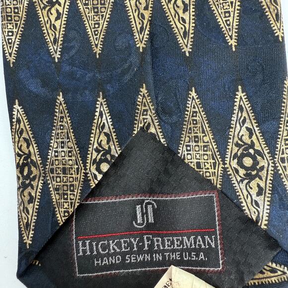 Vtg Hickey Freeman Silk Tie Paisley Baroque Italian Hand sewn Geometric 90s Gold - Picture 5 of 9